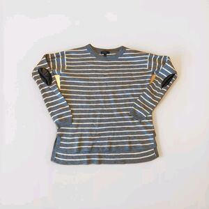 J Crew Sweater Womens Small Gray White Stripe Merino Wool Elbow Patch